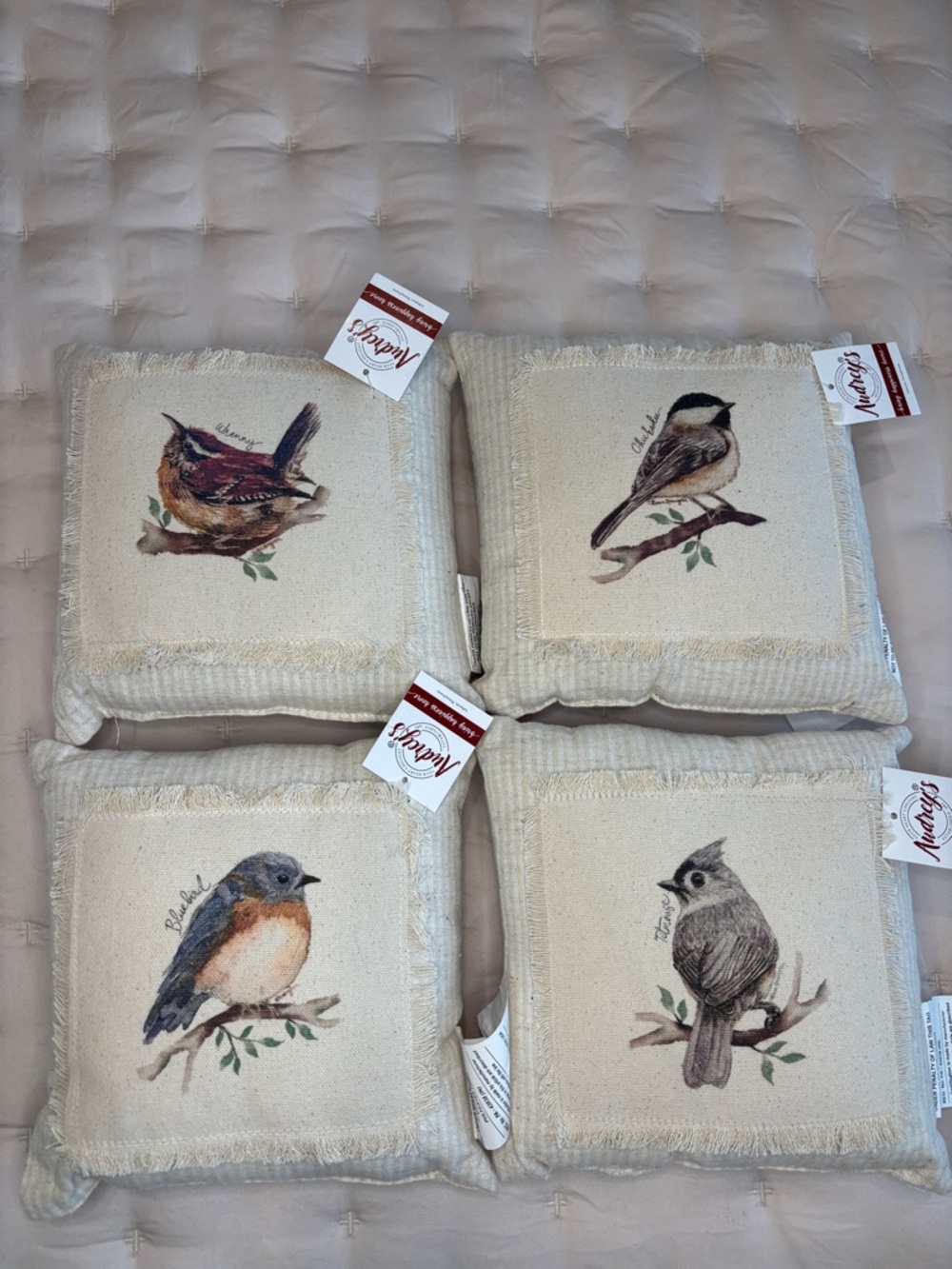 Meraki Cream Bird Print Accent Pillow - Set of 4